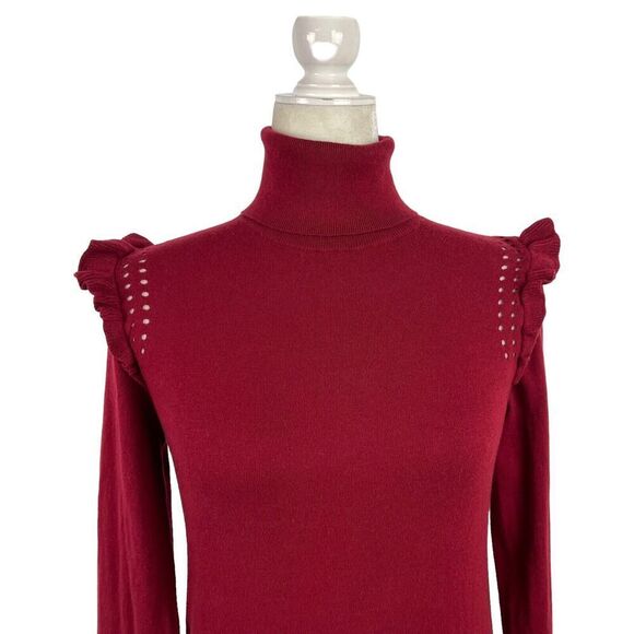 KATE SPADE New York Burgundy Ruffle Trim Cotton Cashmere Turtleneck Sweater XS - Picture 6 of 14
